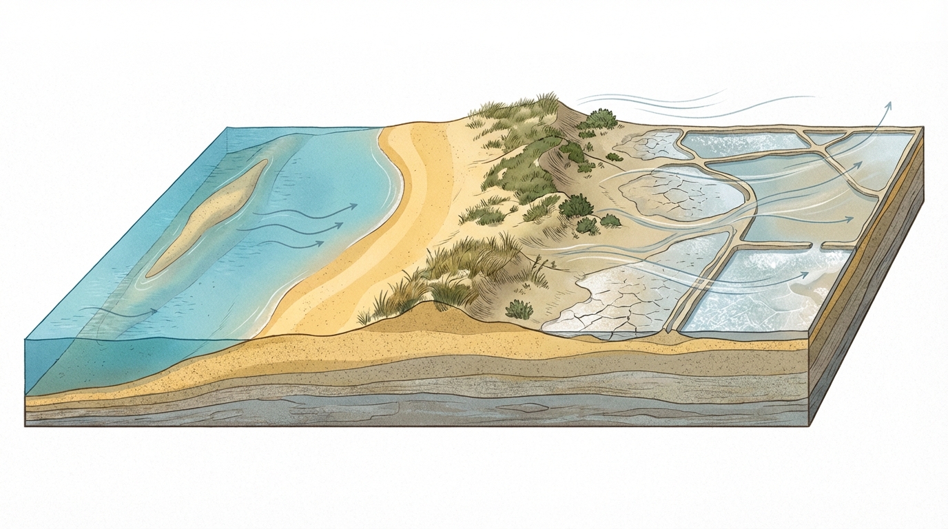 Illustrative cross-section showing beach, dunes, and salt flats.