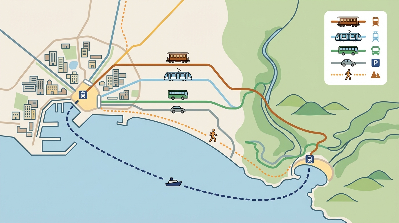 Diagrammatic map showing access routes (train+tram, bus, car, boat, walking).