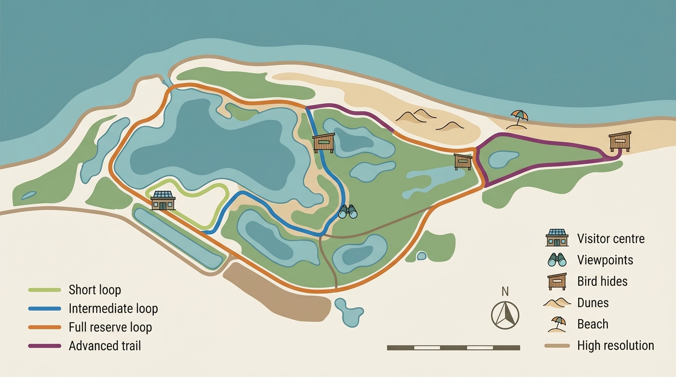 Schéma cartographique simplifié montrant les principaux sentiers et points d'intérêt.
