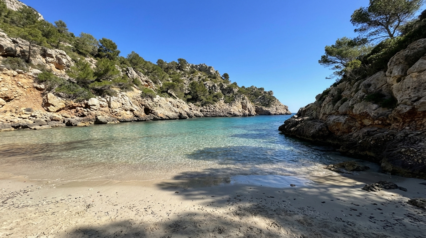 Beach-level photorealistic scene highlighting sand, water clarity, and coastal vegetation.