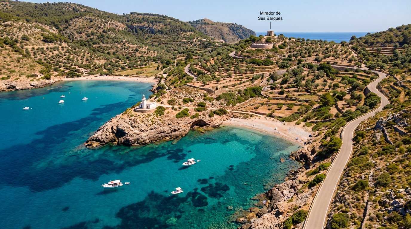 Aerial view of the bay, Cap Gros lighthouse and Ses Barques viewpoint.