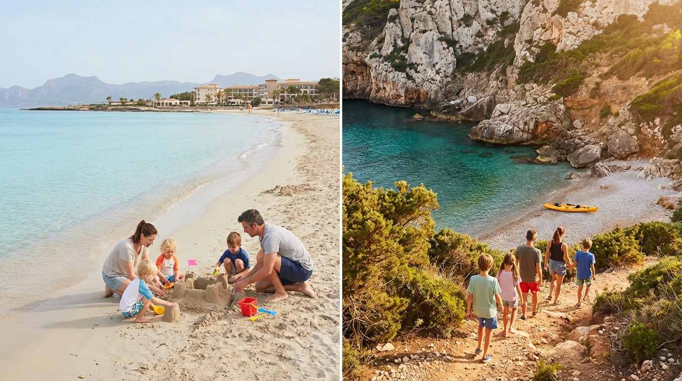 Comparatif visuel : plage familiale à Majorque vs crique sauvage à Minorque.