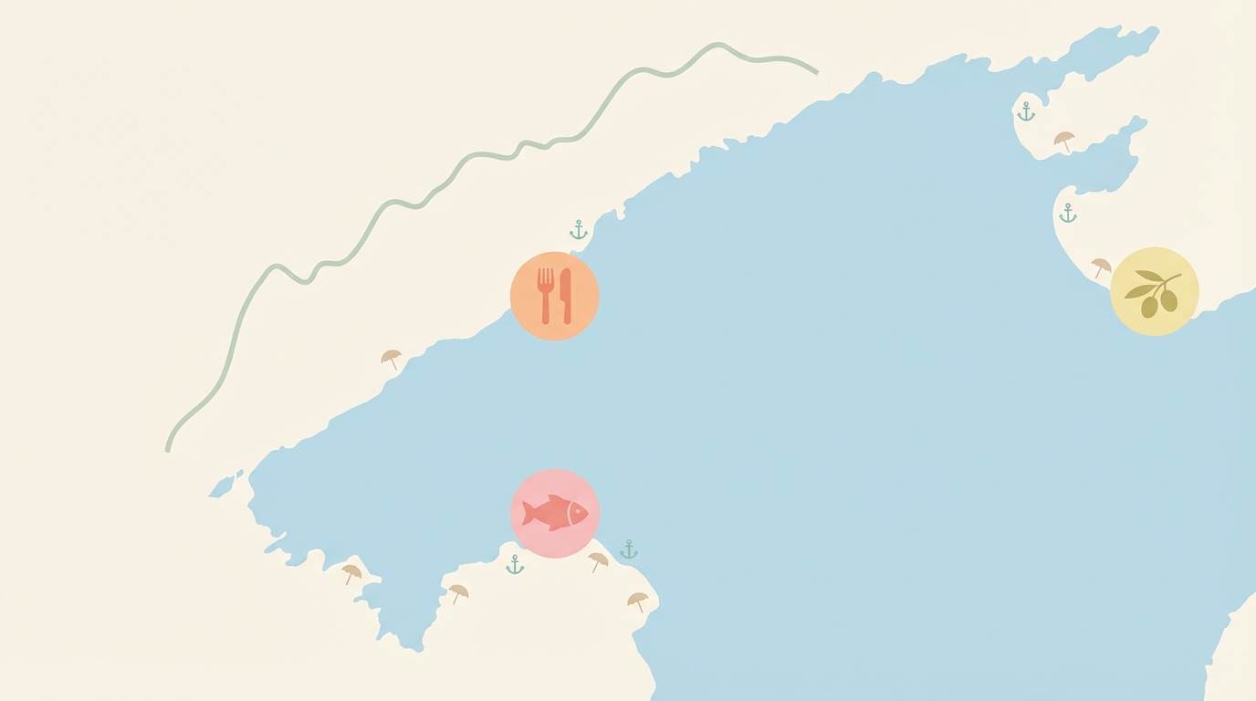 Stylized map indicating Sóller, Deià and Pollença in northern Mallorca (no text).
