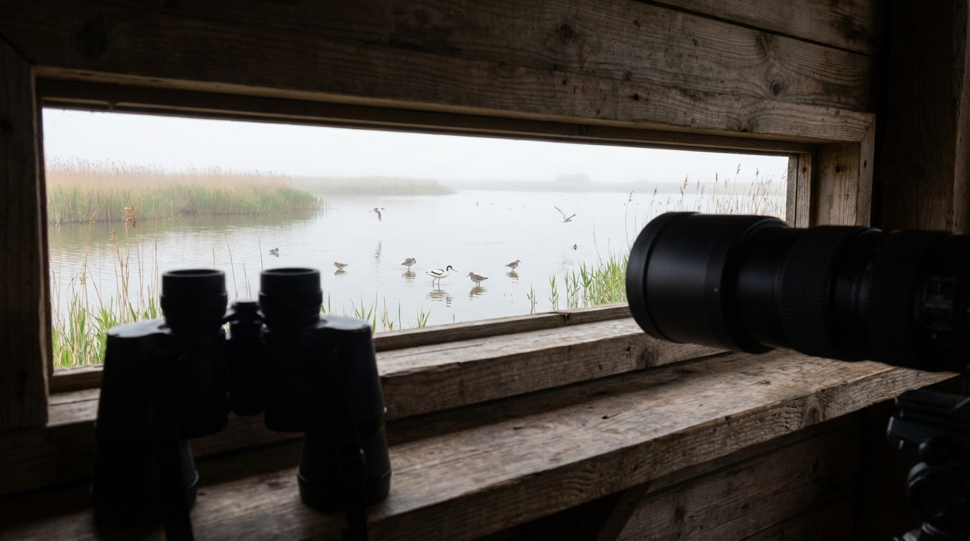 Intérieur d'un observatoire d'oiseaux offrant une vue discrète sur la lagune.