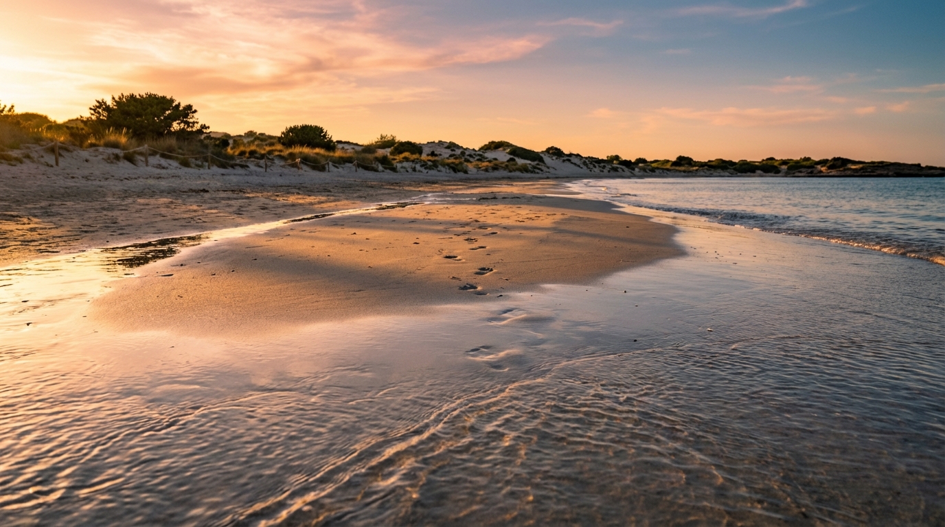 Atmospheric golden-hour shoreline shot highlighting sand, water, and dunes.