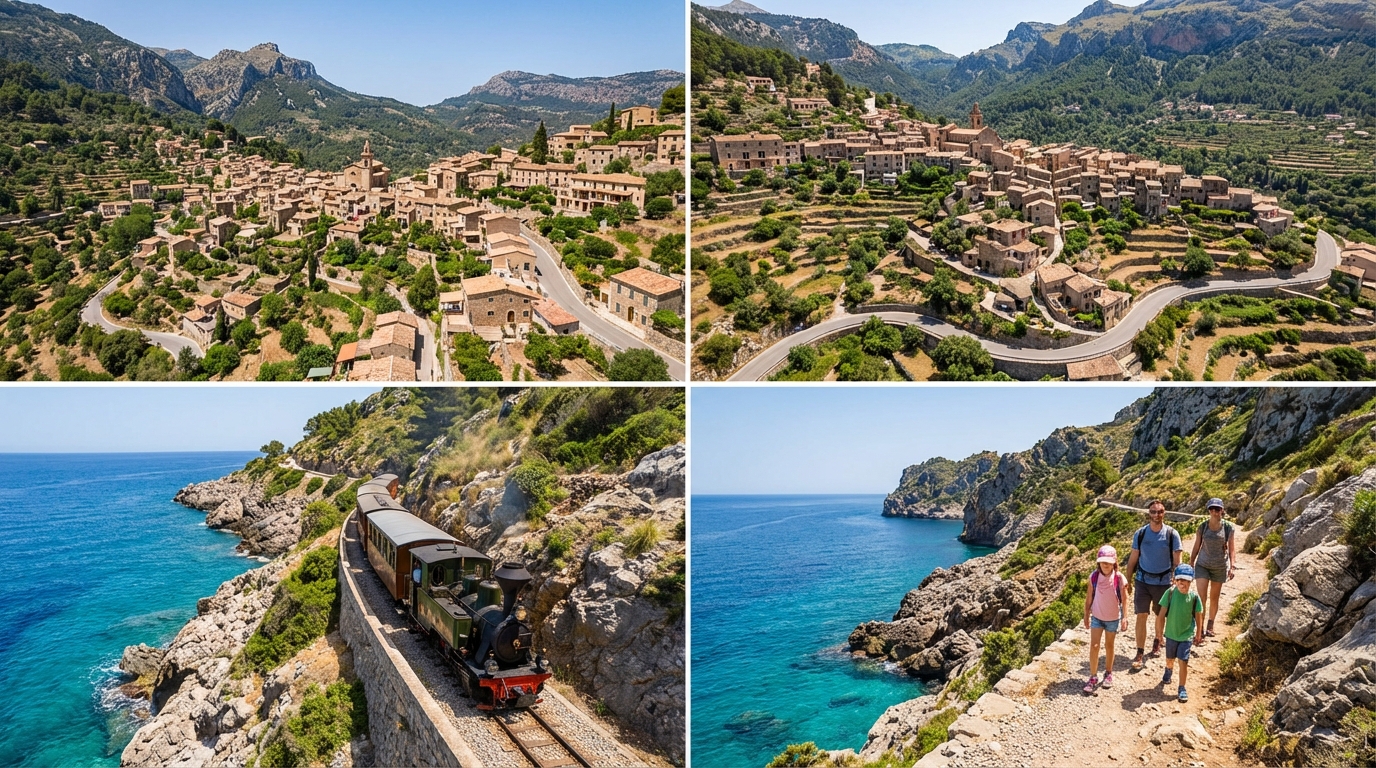 Panorama familial des villages pittoresques et du littoral de la Serra de Tramuntana.