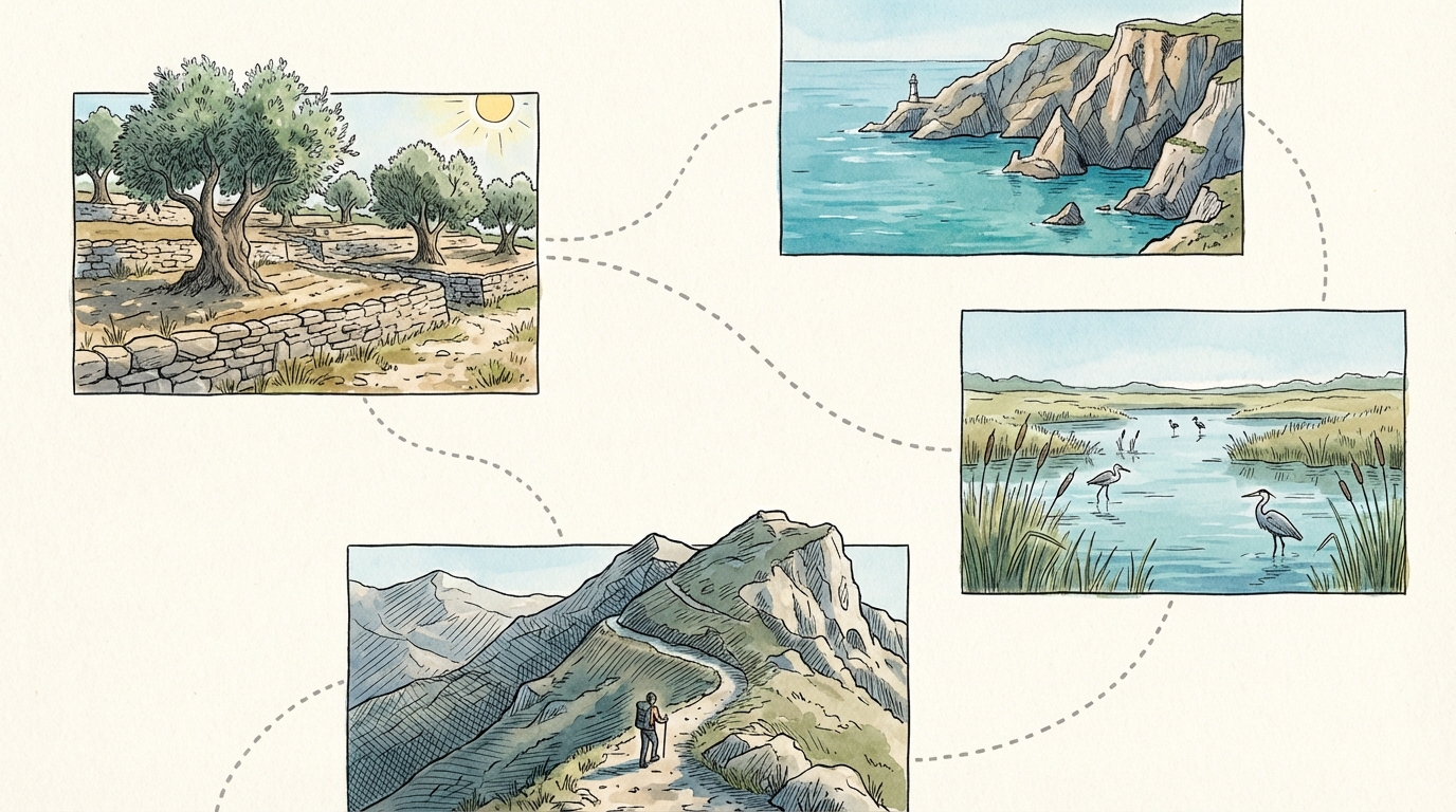 Illustrative Karte/Vignetten, die die kurz aufeinanderfolgenden Landschaftstypen Mallorcas zeigen.