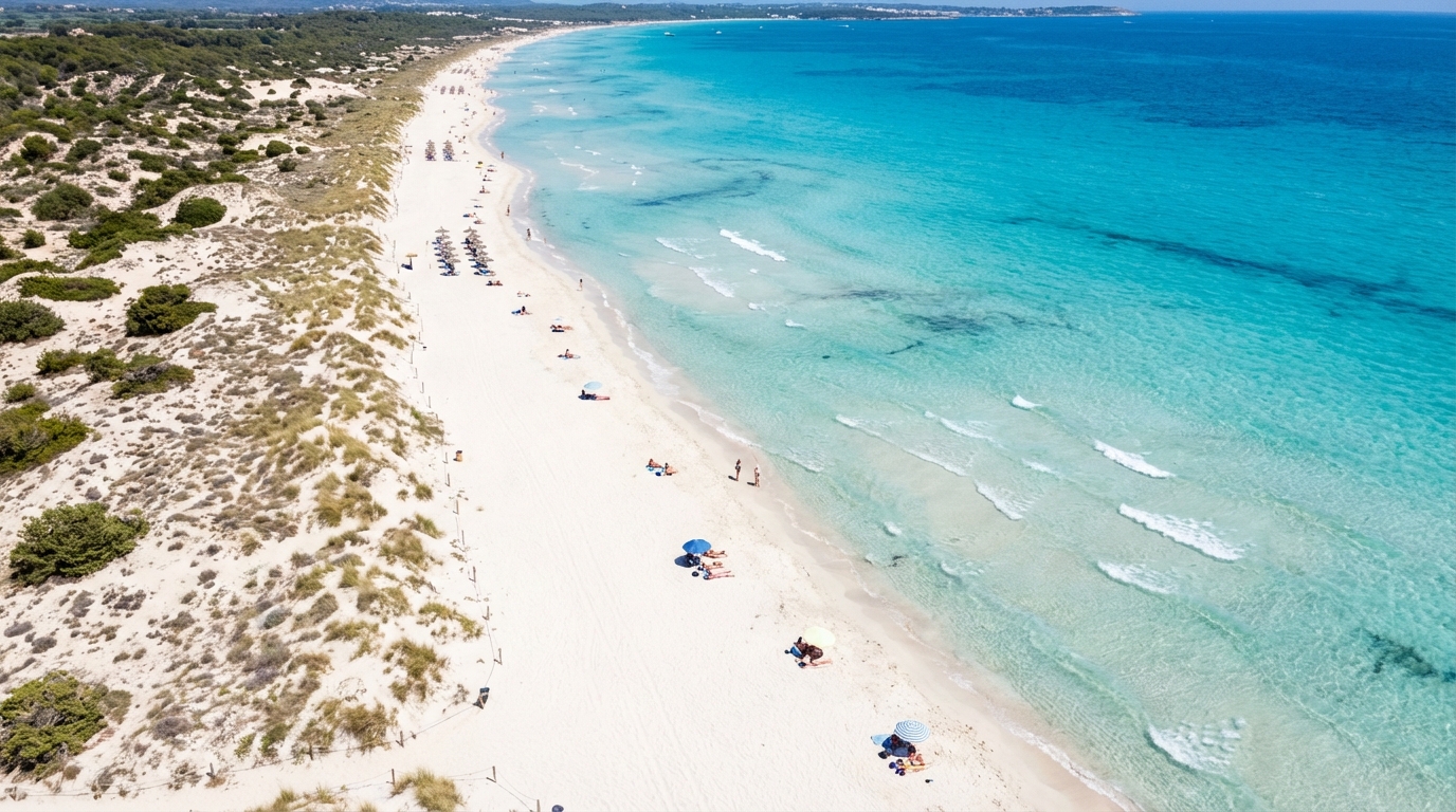 Aerial hero view of Es Trenc's white sand and turquoise water.
