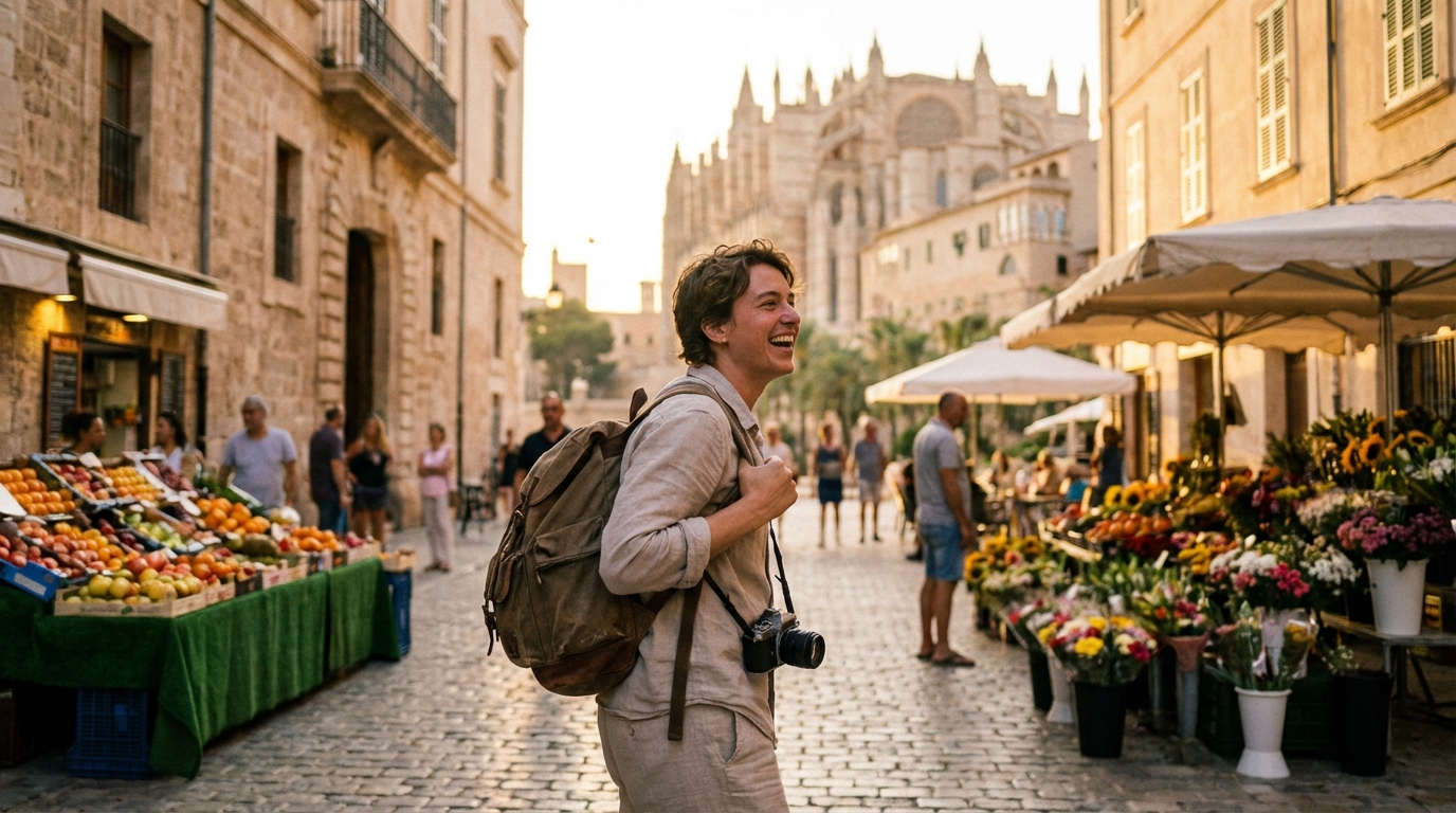 Balade solo dans le centre historique de Palma au coucher de soleil.