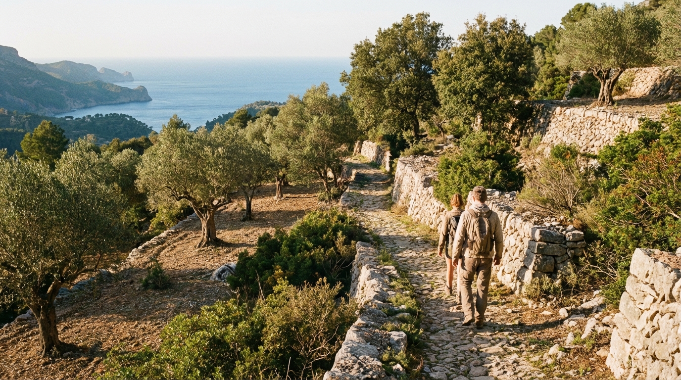 Panoramablick auf einen Wanderpfad in der Serra de Tramuntana mit Trockensteinmauern und Meerblick.