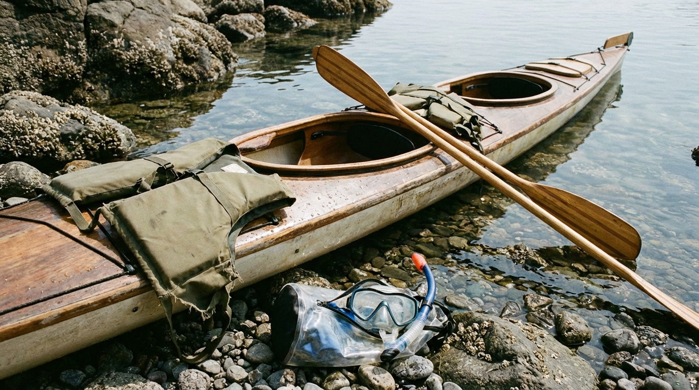 Équipement de kayak et snorkeling prêt pour explorer des criques isolées.