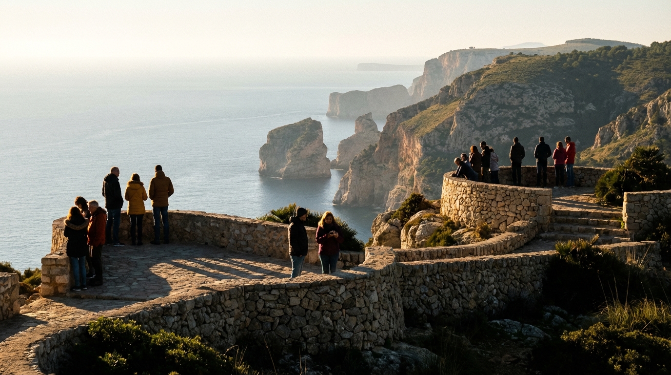 Mirador Es Colomer avec promontoires et visiteurs observant le panorama.
