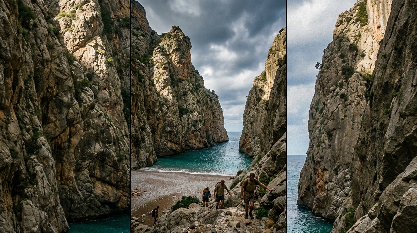 Die spektakuläre Schlucht Torrent de Pareis, enge Felswände und versteckte Bucht.