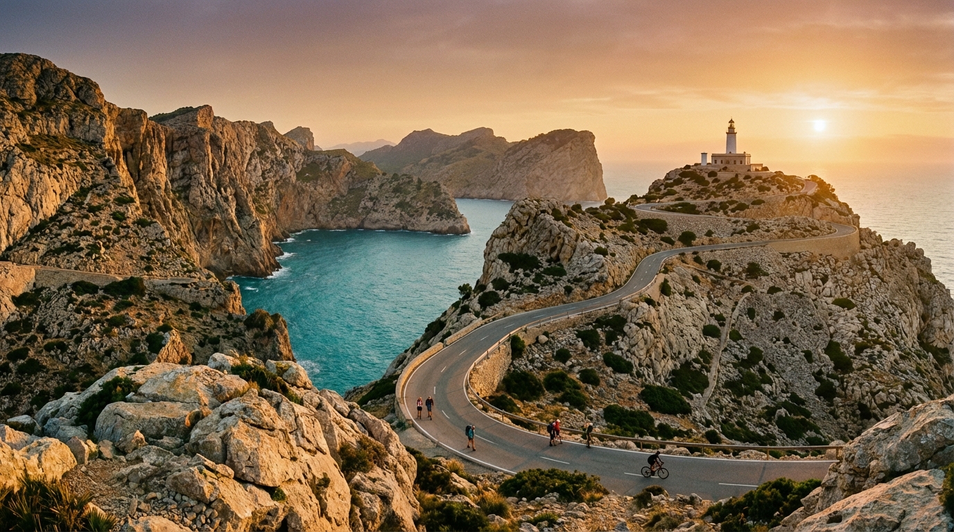 Panorama au lever du soleil sur le Cap de Formentor avec le phare et la route en corniche.