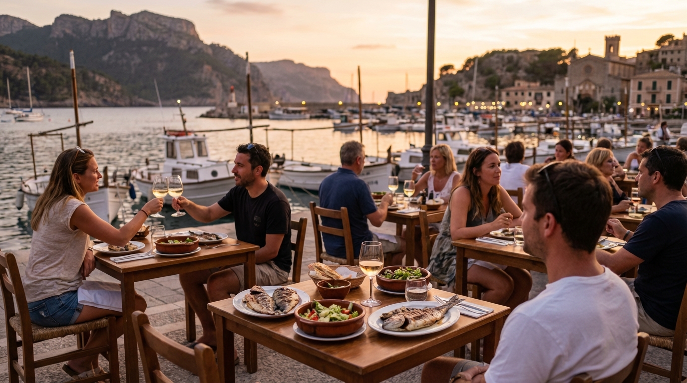 Terrace dining at Port de Sóller with fresh seafood and Tramuntana backdrop.