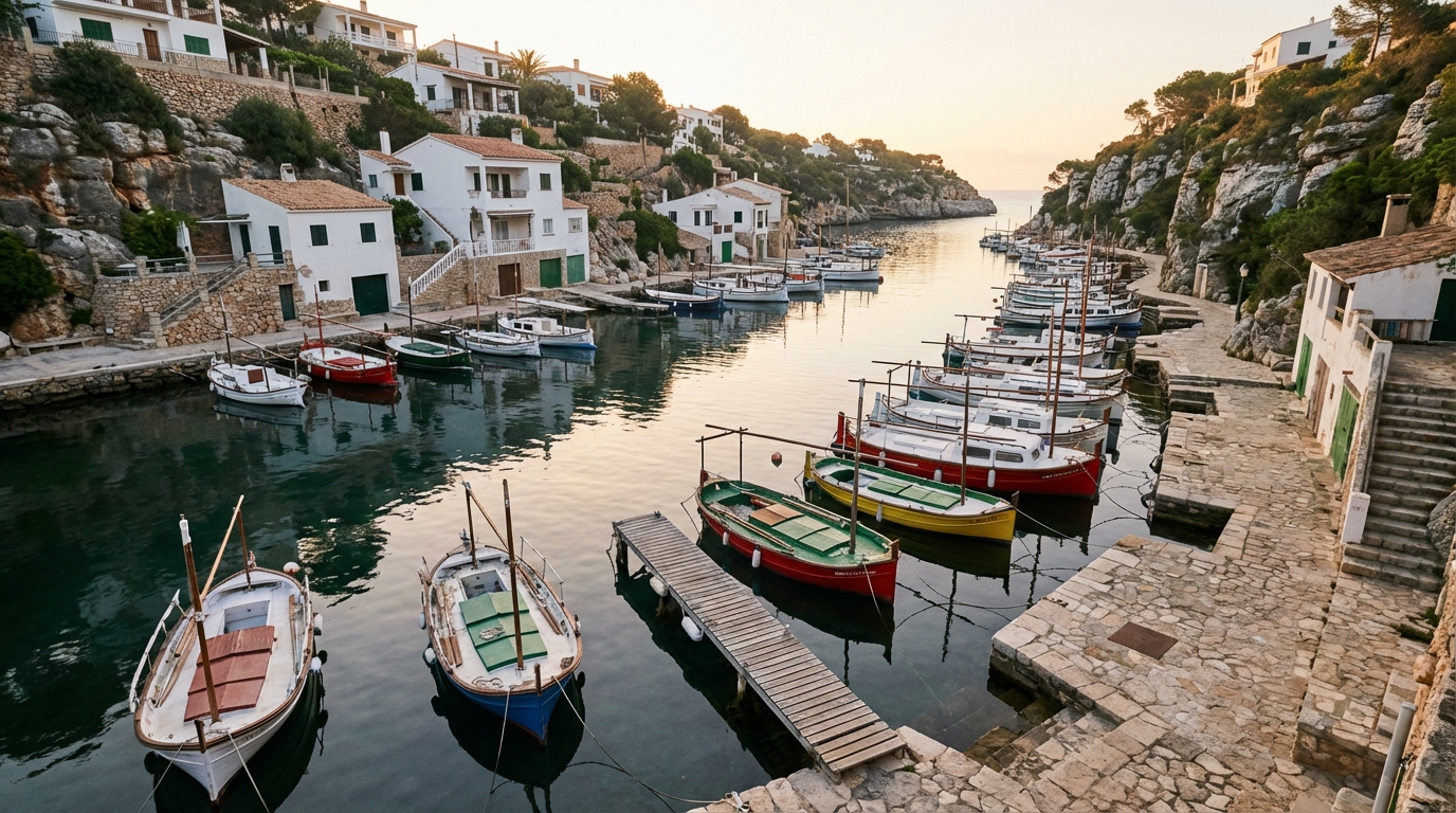 Vue large au lever du jour sur le port de Cala Figuera, avec les barques et les maisons blanches reflétées dans l'eau.