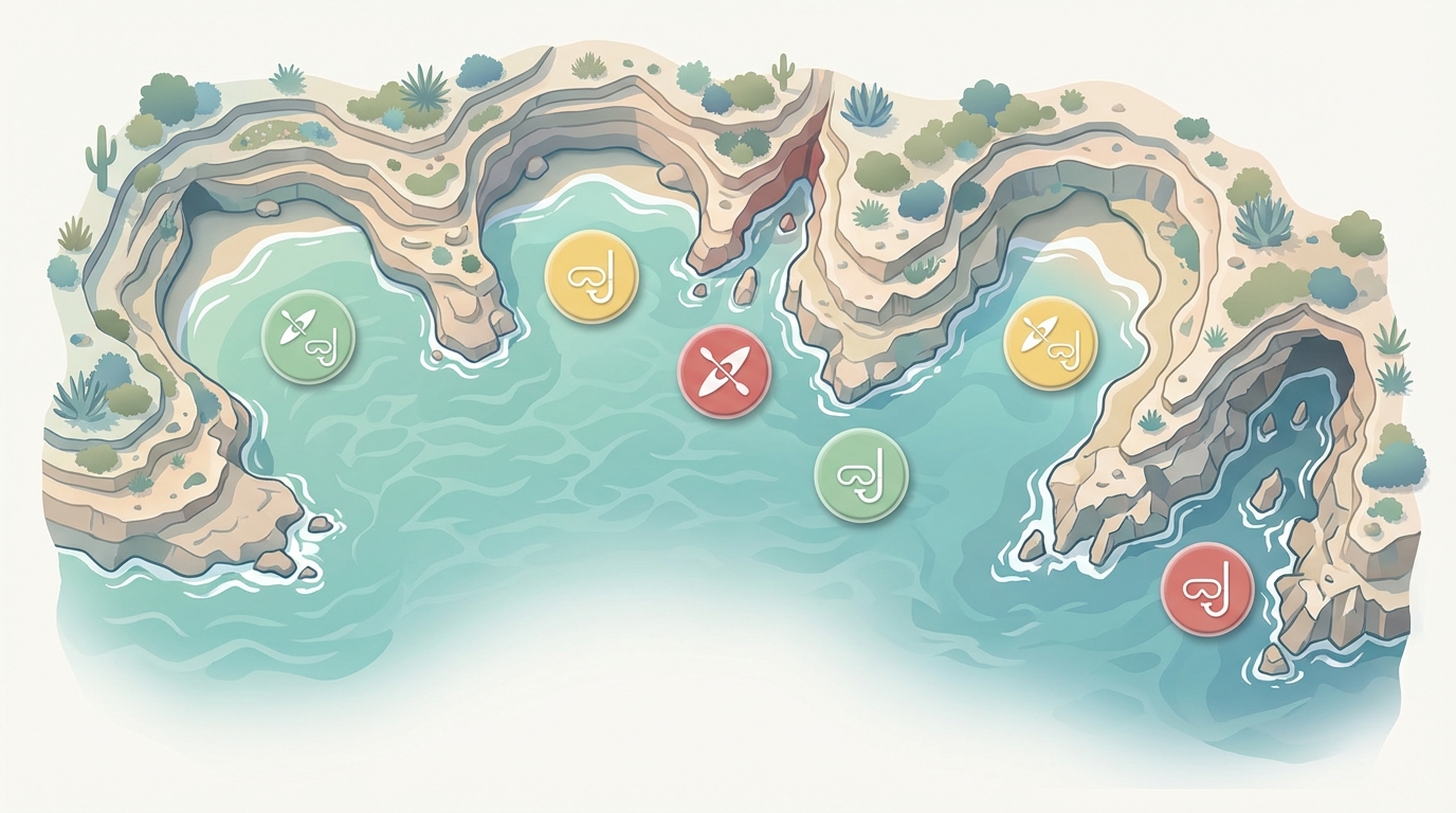 Schéma visuel des criques accessibles uniquement par la mer, codées par niveau de difficulté.