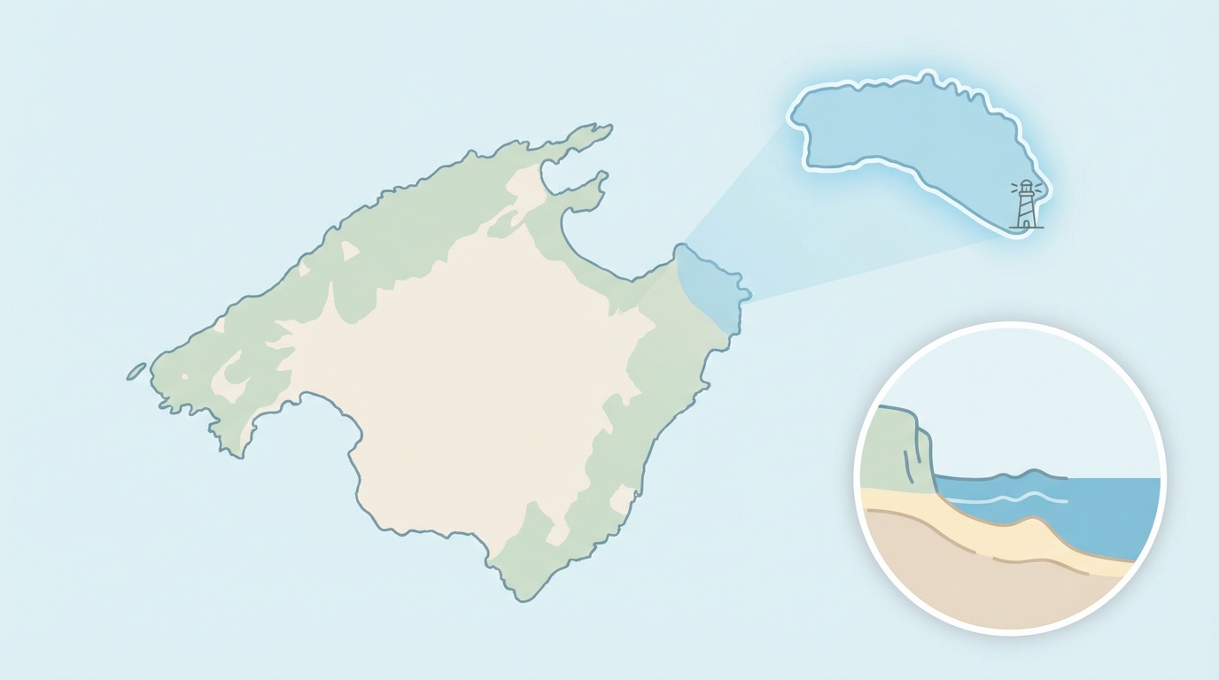 Diagrammatic location map and cross-section of the Formentor peninsula (graphic without text).