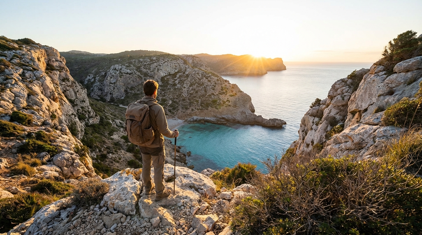 Randonneur solo sur le GR221 avec vue sur une crique isolée.