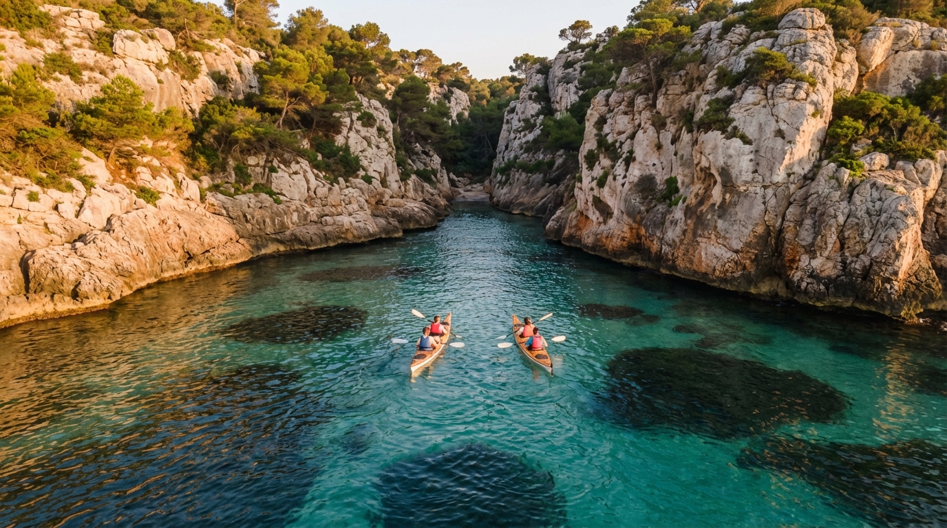 Kayaks approchant une crique secrète de Majorque au lever du jour.