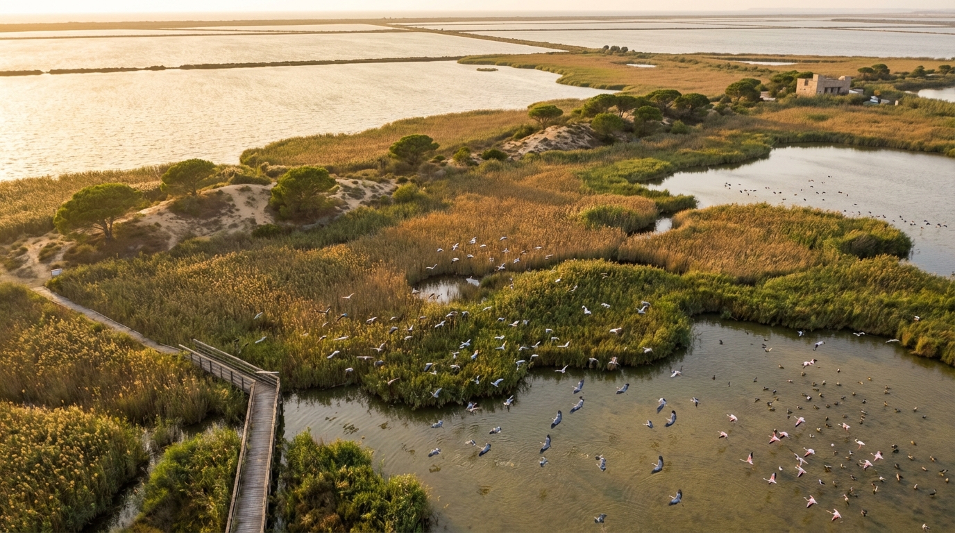 Panorama aérien des lagunes et roselières de S'Albufera au coucher du soleil.