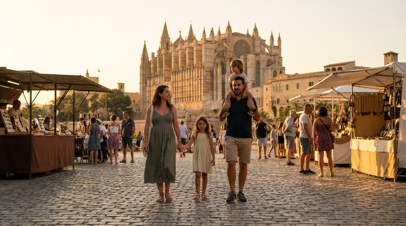 Découverte familiale de Palma au coucher du soleil, ambiance marché et vieille ville.
