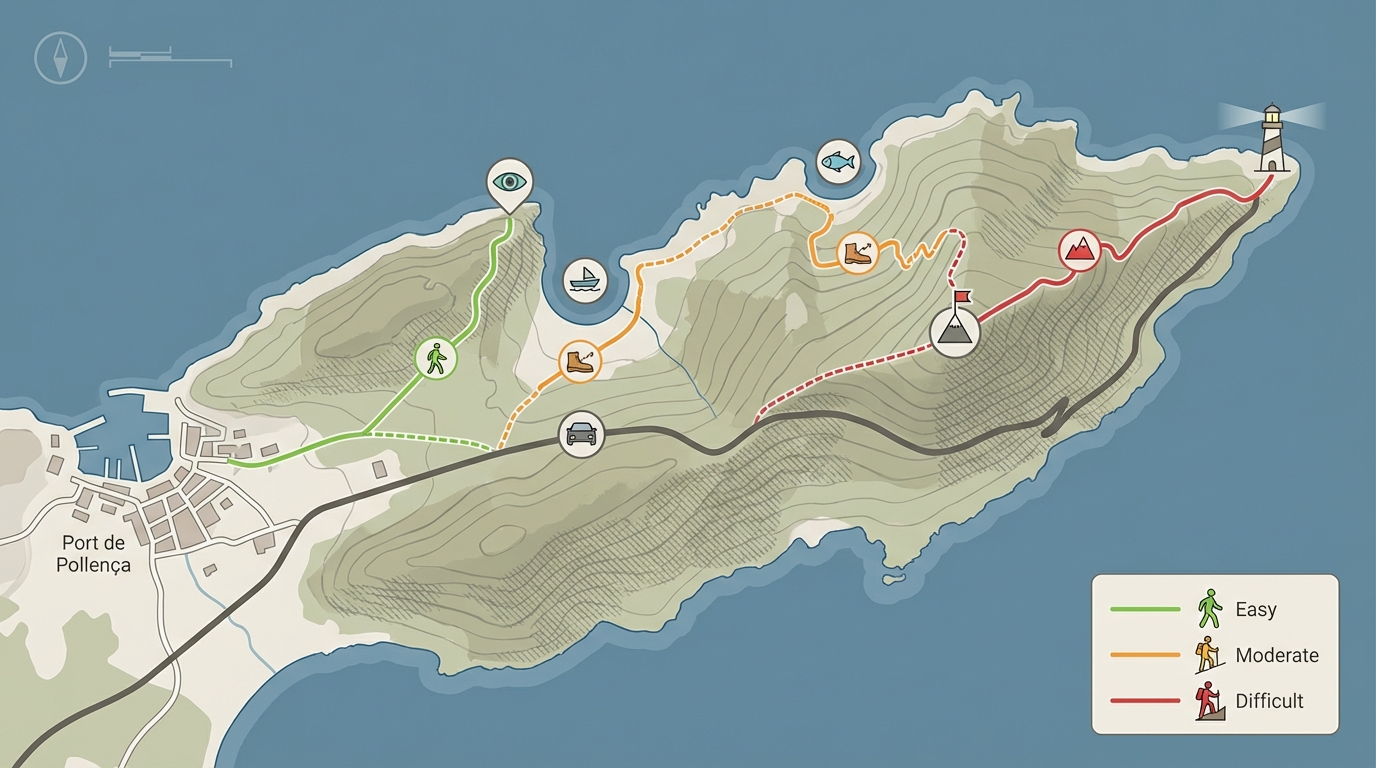 Schéma des sentiers principaux et points d'intérêt du Cap de Formentor (sans texte intégré).