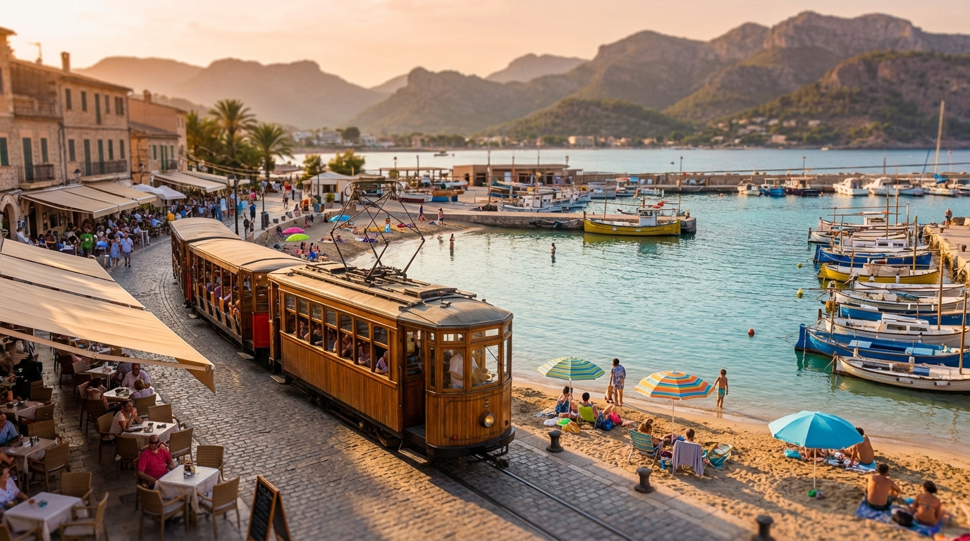 Port de Sóller promenade at golden hour with tram, beaches and mountains.
