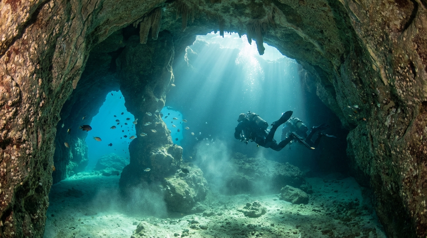 Exploration sous-marine d'une grotte marine (ambiance Cova des Coloms)