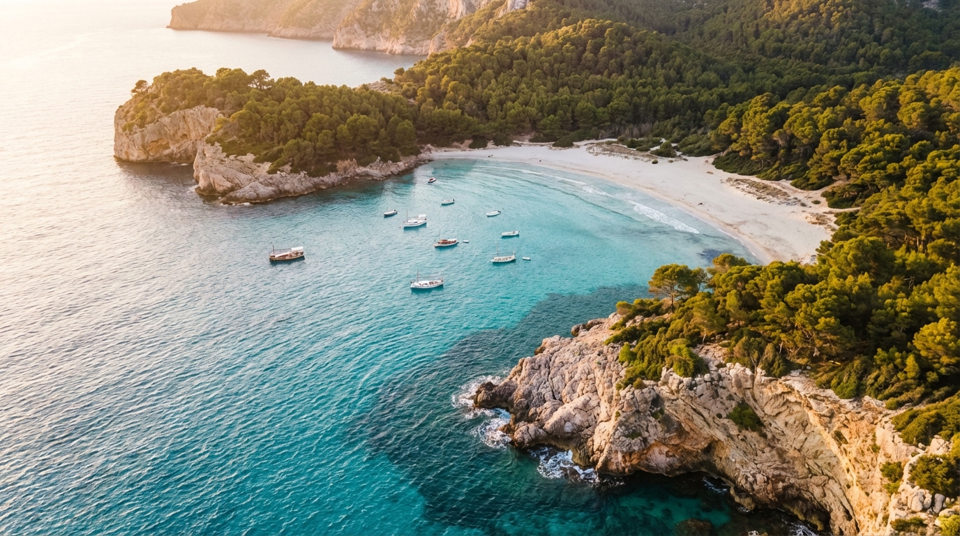 Aerial photorealistic view of Formentor beach and surrounding cliffs at golden hour.