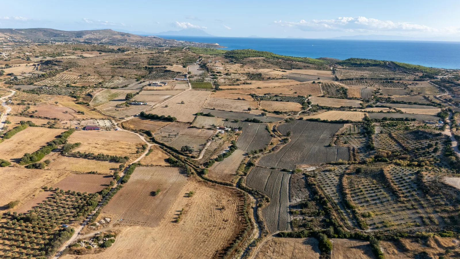 Vue aérienne dorée d'un parcours de golf côtier de Majorque montrant fairways, oliveraies et mer.