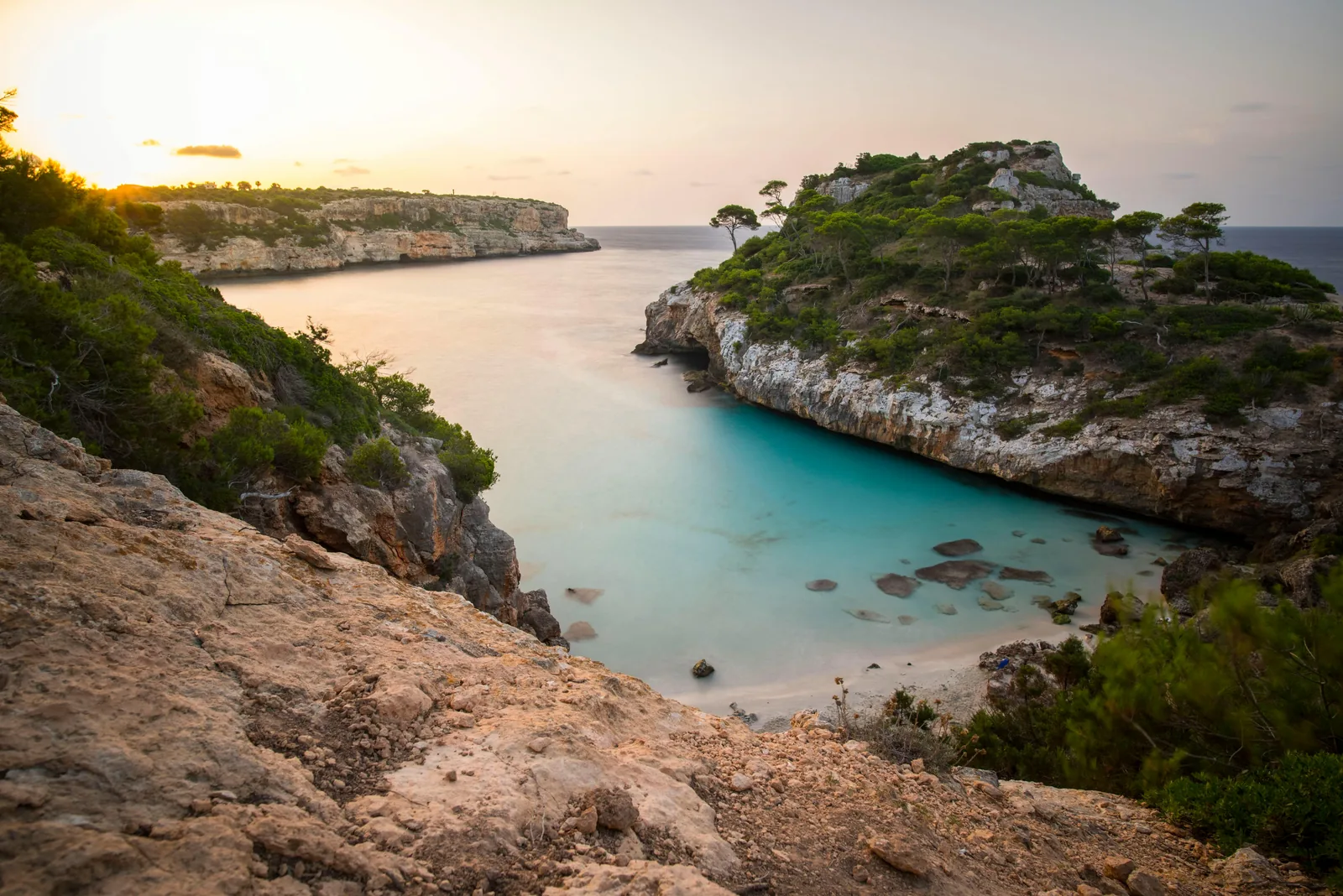 Aerial panoramic view of multiple coves along north Mallorca.