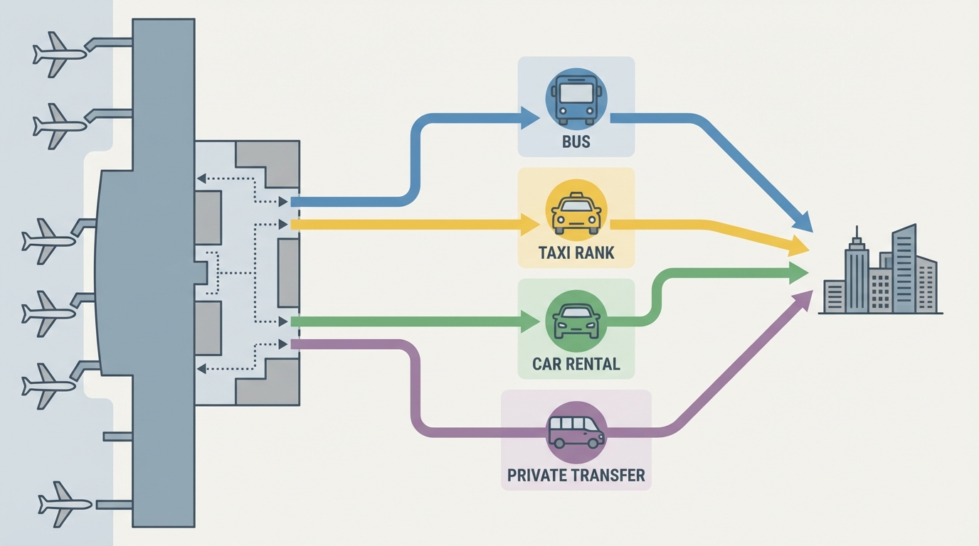 Schéma simplifié des options de transport depuis le terminal (sans texte).