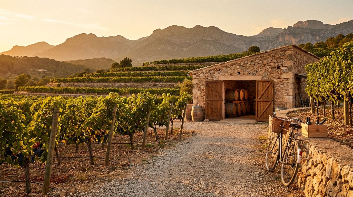 Vignobles et bodega : la région de Binissalem au coucher du soleil.
