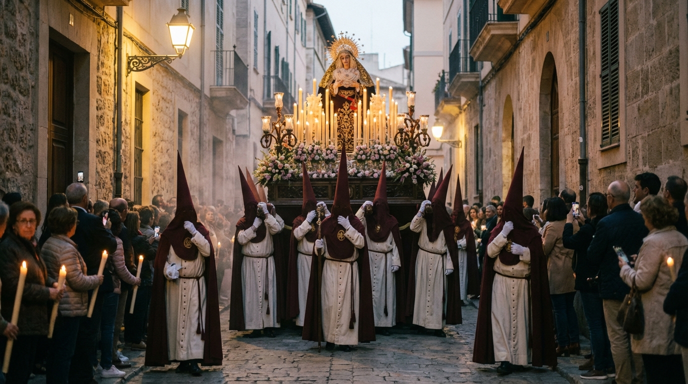 Traditionelle Semana‑Santa‑Prozessionen in Palma (stimmungsvolle Abendaufnahme).