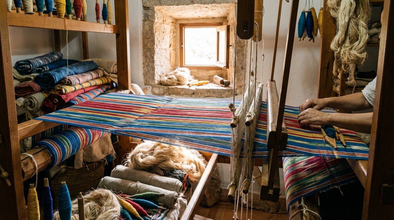 Atelier textile traditionnel : métiers à tisser et tissus locaux.
