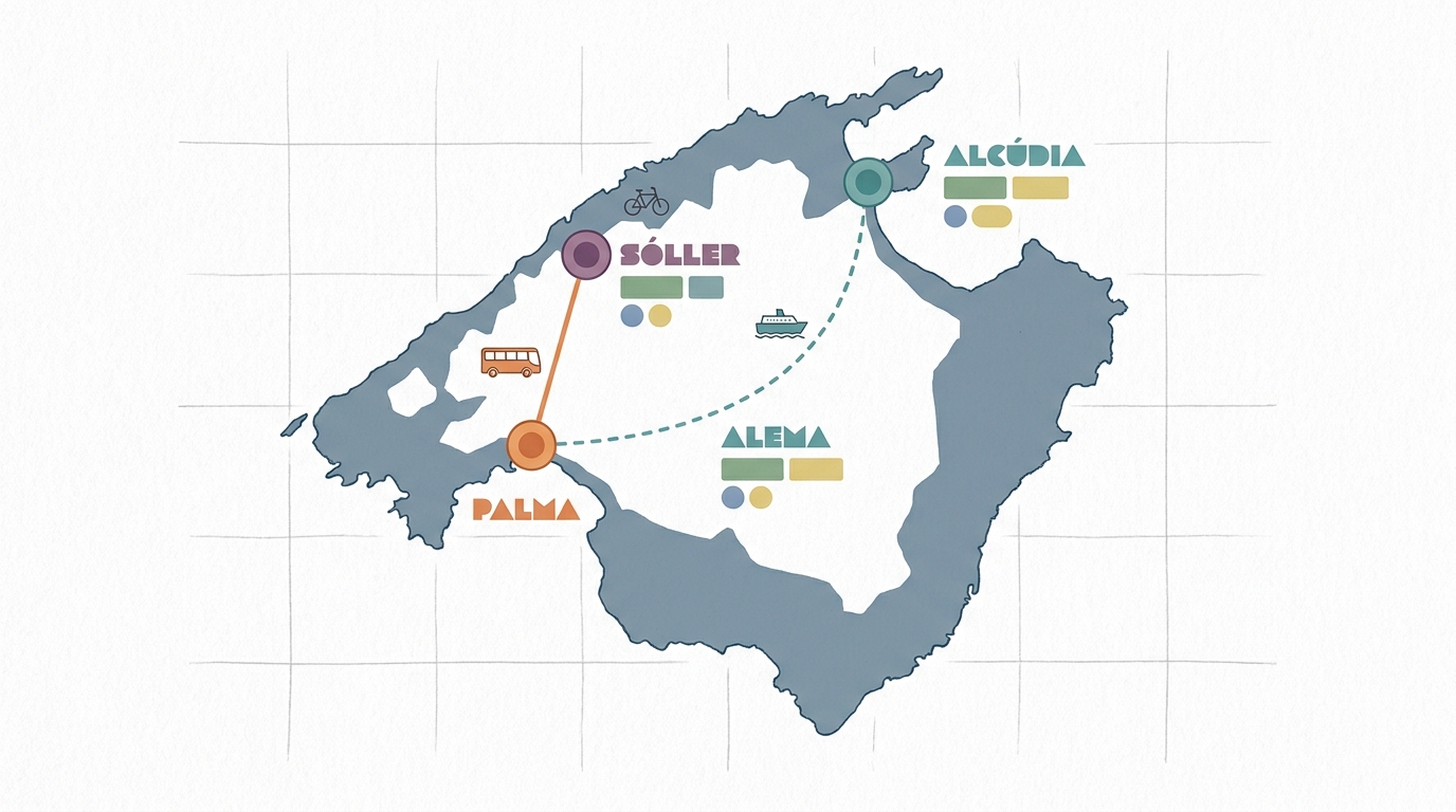 Schéma des déplacements Palma–Alcúdia–Sóller.
