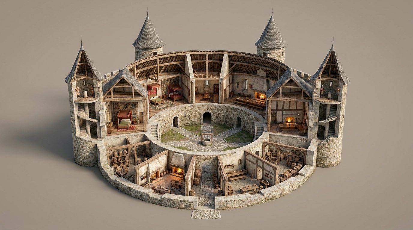 Cutaway architectural illustration of the château’s circular plan and tower arrangement.