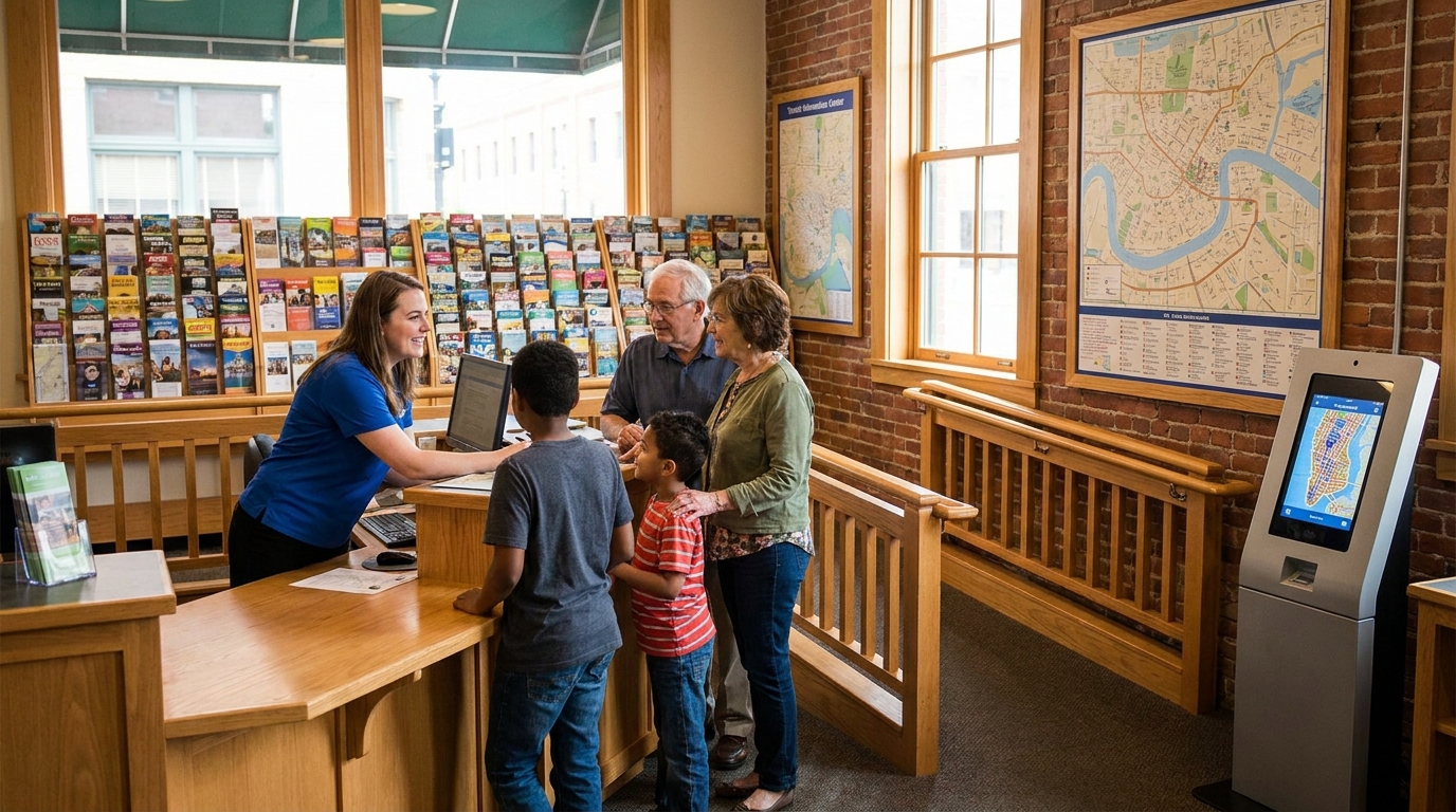 Intérieur de l'office montrant l'accueil, les brochures et l'assistance multilingue.