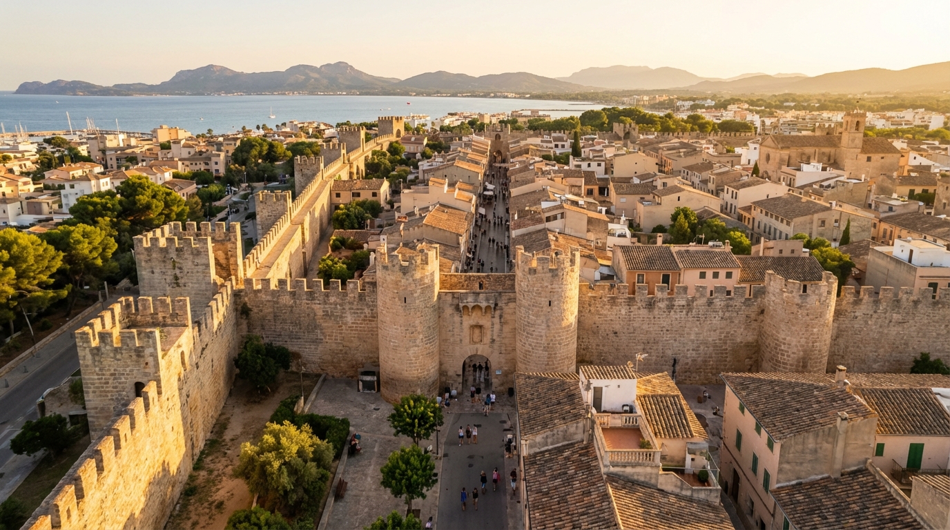 Les remparts d'Alcúdia au coucher de soleil, vue sur la vieille ville et la baie.