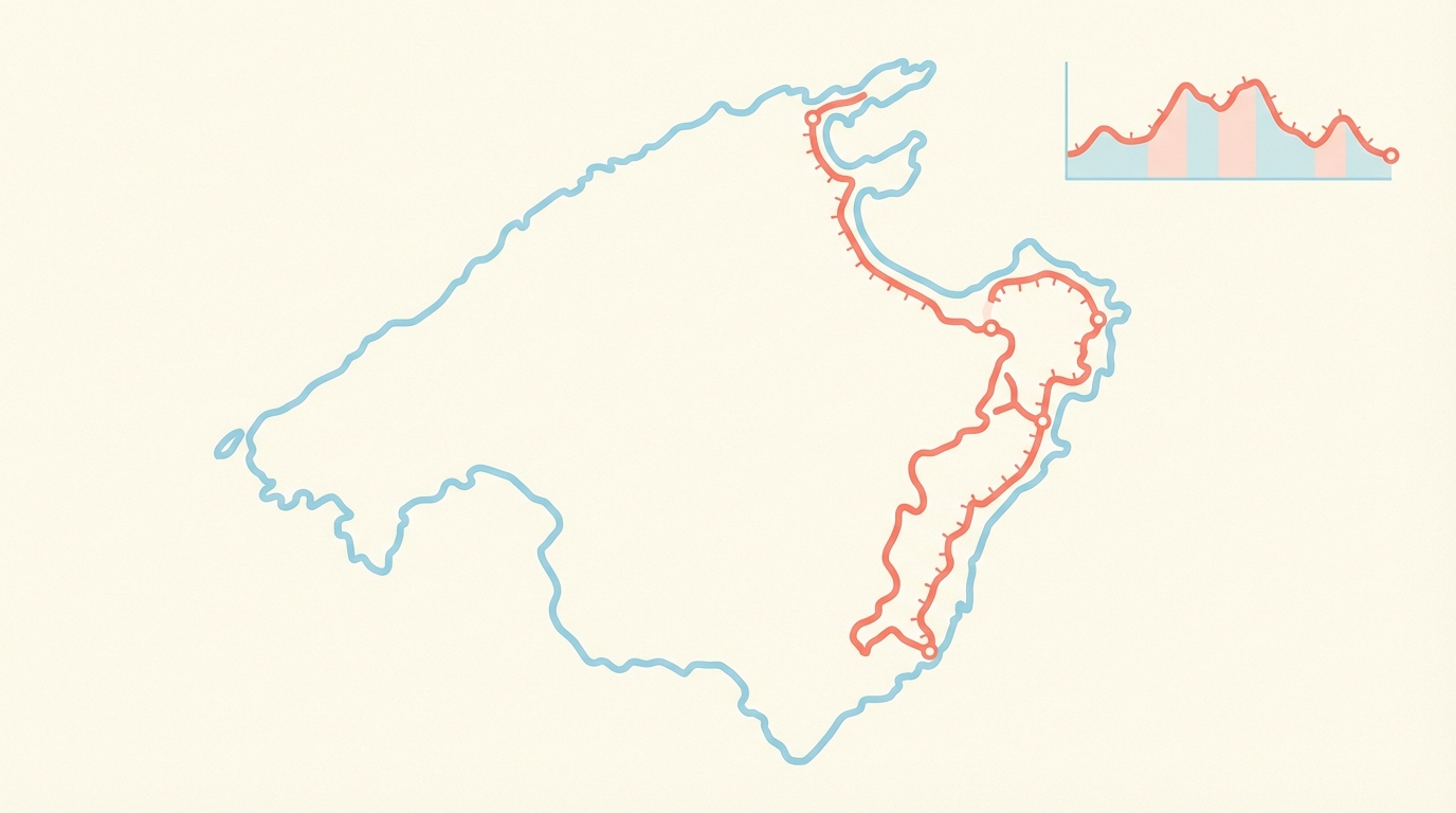 Schematische Karte: Neuer GR‑226 Ost‑Mallorca (105 km) mit Streckenverlauf und Höhenprofil (ohne Textbeschriftungen).