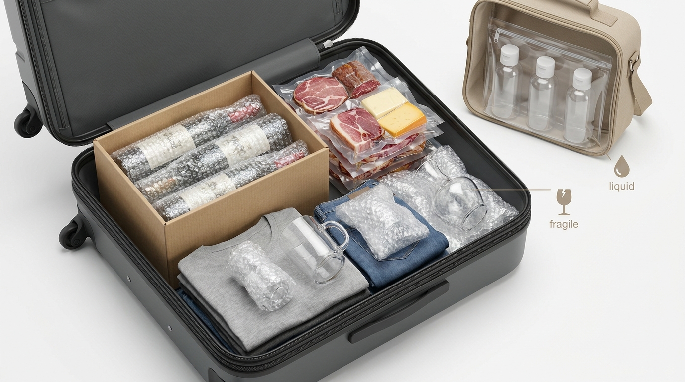 Diagramme photo-réaliste montrant l'organisation optimale d'un bagage pour liquides et objets fragiles.
