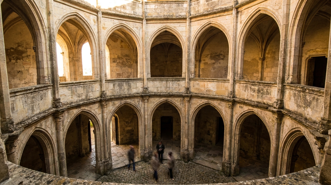 View from the upper gallery into the circular courtyard and arcaded galleries.