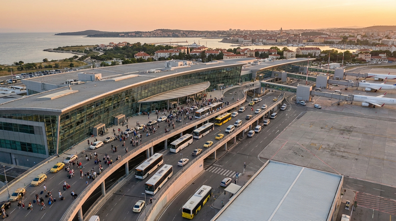 Vue générale du terminal de PMI avec les zones d'arrivée, bus et taxis.
