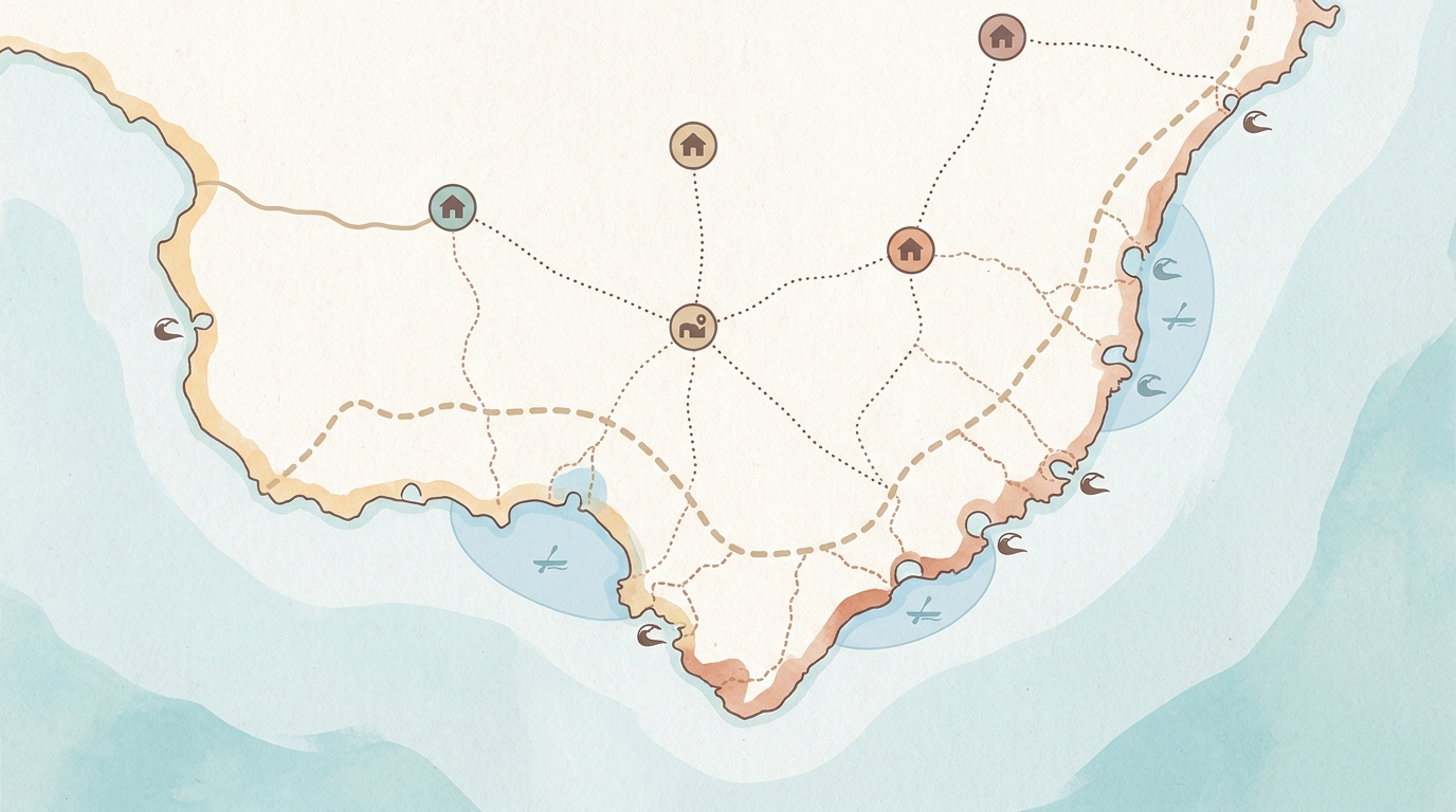 Carte simplifiée des criques et villages du sud-est de Majorque