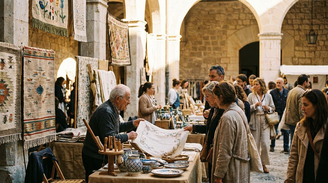 Stimmungsvoll: Innenhof des Palau Can Vivot mit textilem Handwerksmarkt