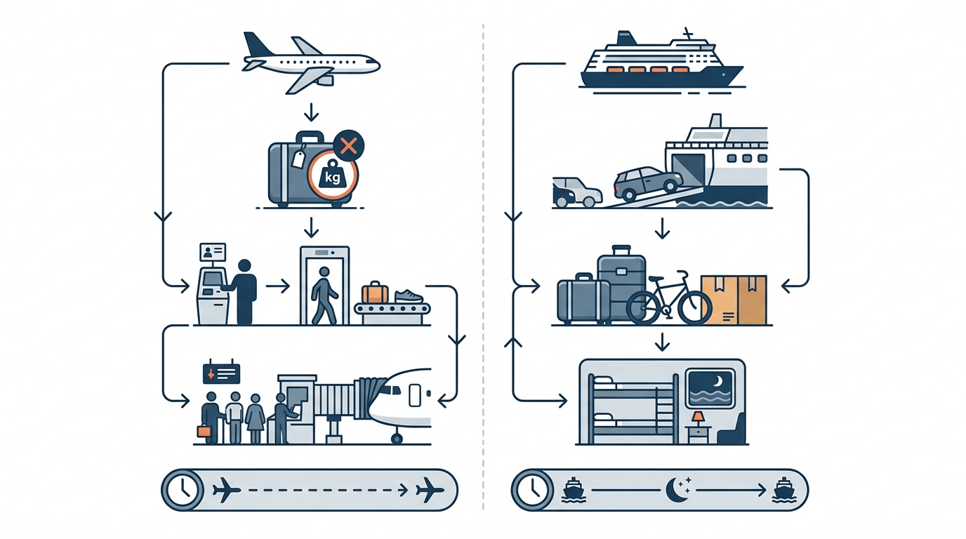 Schéma visuel des différences (bagages, étapes, fatigue).